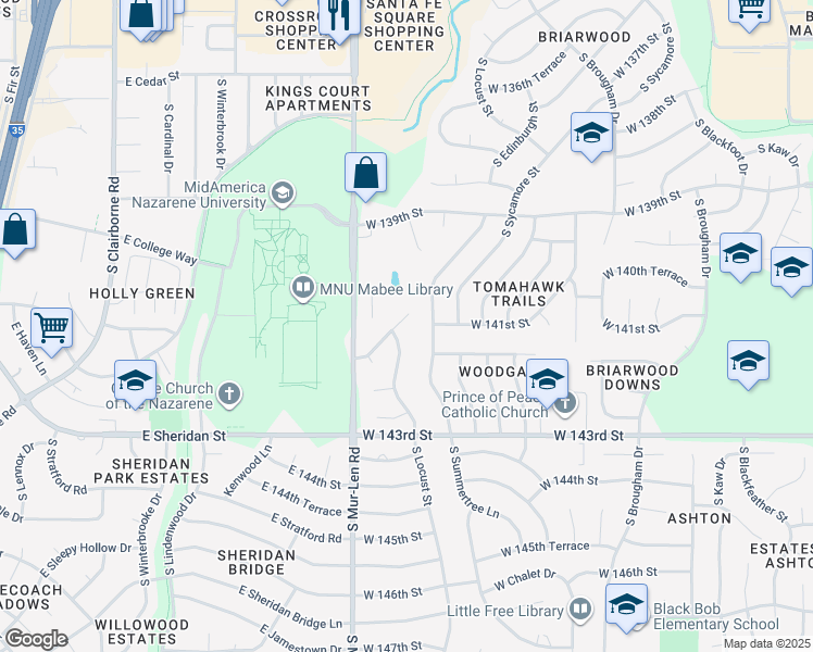 map of restaurants, bars, coffee shops, grocery stores, and more near 16501 West 141st Street in Olathe