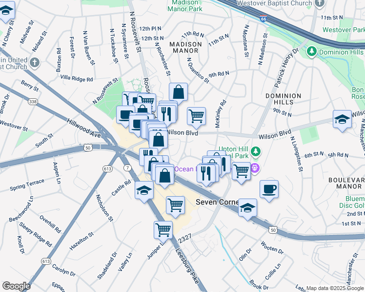 map of restaurants, bars, coffee shops, grocery stores, and more near 2906 Peyton Randolph Drive in Falls Church