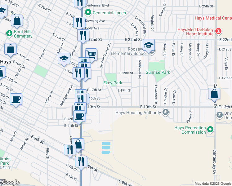 map of restaurants, bars, coffee shops, grocery stores, and more near 1511 Holmes Road in Hays