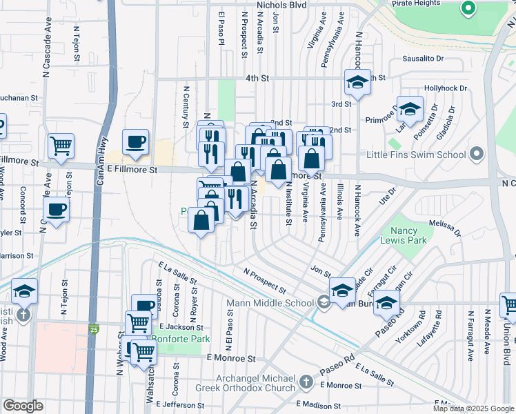 map of restaurants, bars, coffee shops, grocery stores, and more near 2907 North Arcadia Street in Colorado Springs