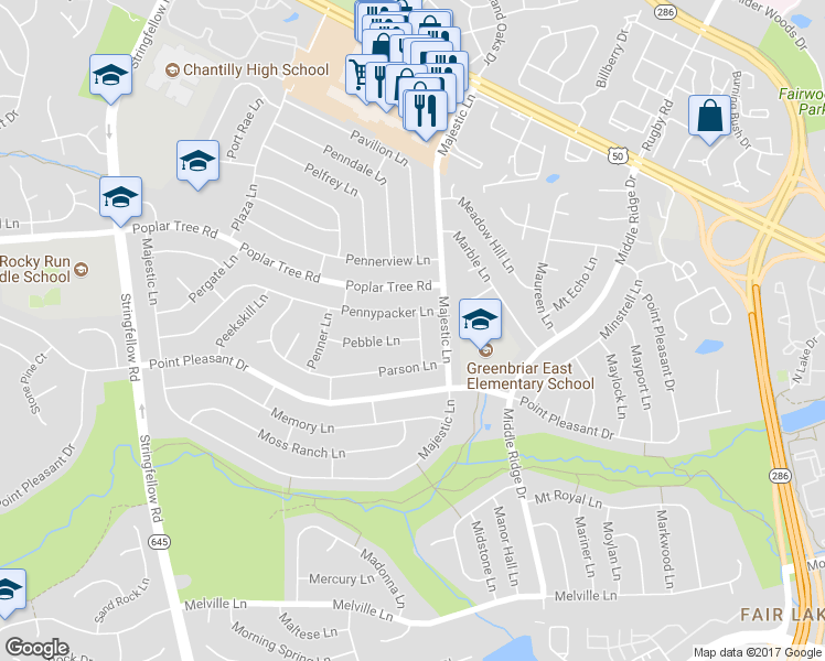 map of restaurants, bars, coffee shops, grocery stores, and more near 13100 Pebble Lane in Fairfax