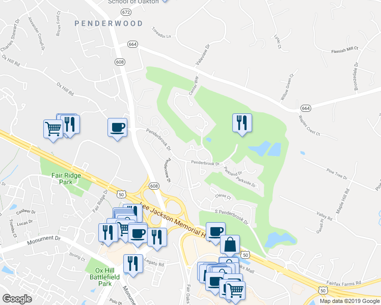map of restaurants, bars, coffee shops, grocery stores, and more near 12011 Golf Ridge Court in Fairfax