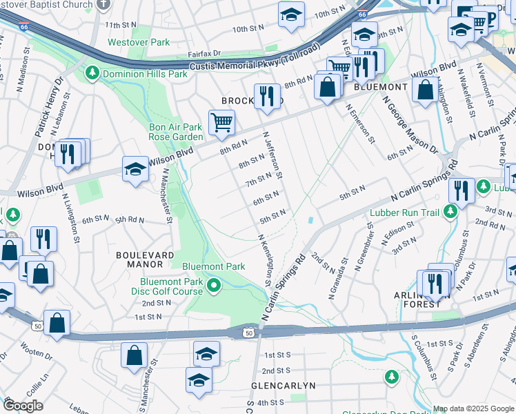 map of restaurants, bars, coffee shops, grocery stores, and more near 5642 6th Street North in Arlington