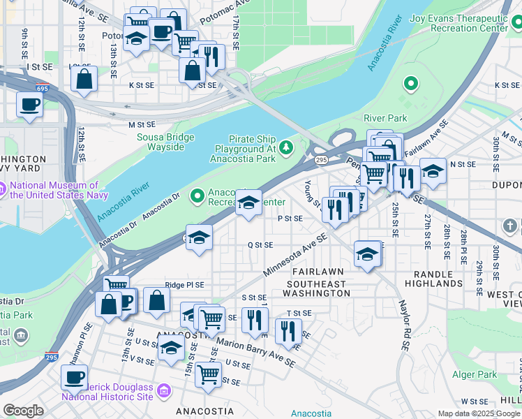 map of restaurants, bars, coffee shops, grocery stores, and more near 1409 18th Street Southeast in Washington