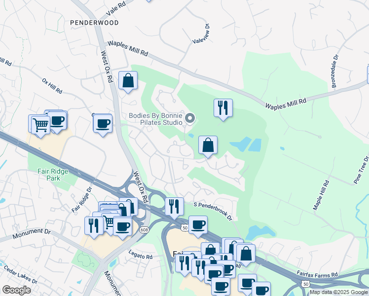 map of restaurants, bars, coffee shops, grocery stores, and more near 12001 Golf Ridge Court in Fairfax