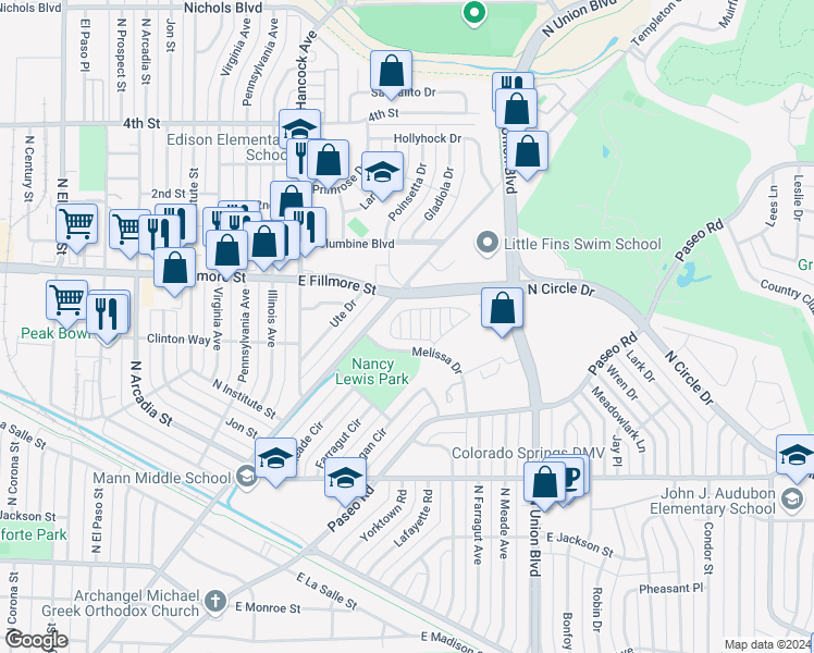 map of restaurants, bars, coffee shops, grocery stores, and more near 2828 Lewis Meadows View in Colorado Springs