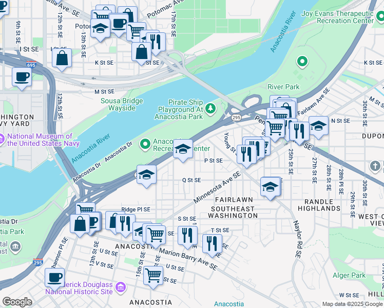 map of restaurants, bars, coffee shops, grocery stores, and more near 1409 18th Street Southeast in Washington