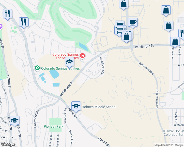 map of restaurants, bars, coffee shops, grocery stores, and more near 1470 Farnham Point in Colorado Springs
