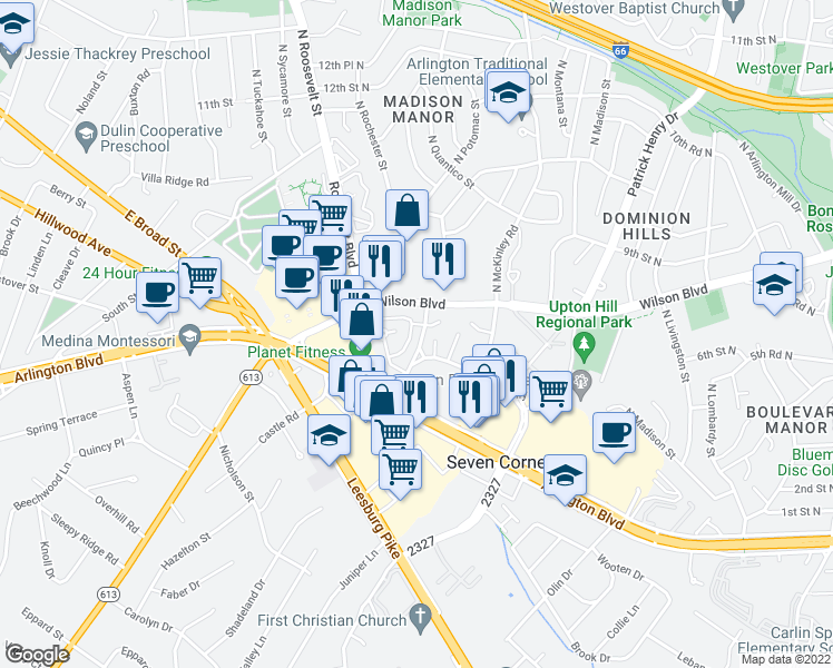 map of restaurants, bars, coffee shops, grocery stores, and more near 2906 Peyton Randolph Drive in Falls Church