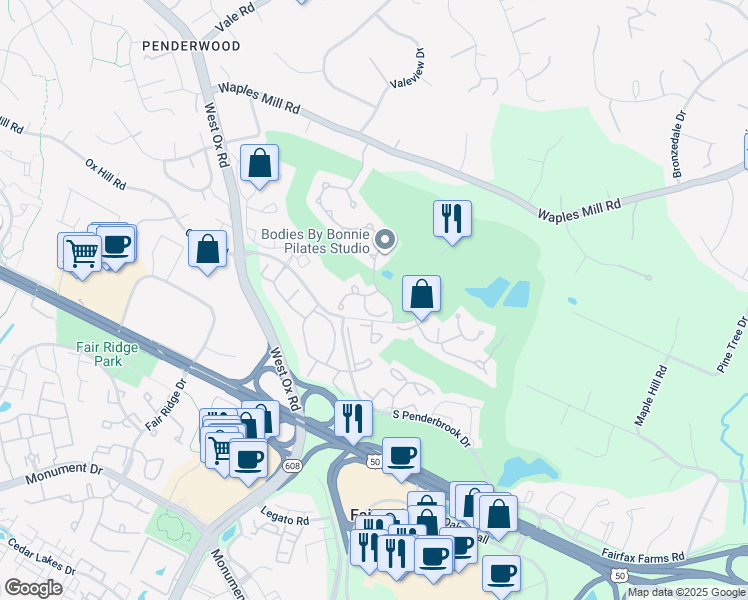 map of restaurants, bars, coffee shops, grocery stores, and more near 12001 Golf Ridge Court in Fairfax