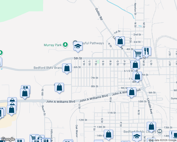 map of restaurants, bars, coffee shops, grocery stores, and more near 615 U Street in Bedford