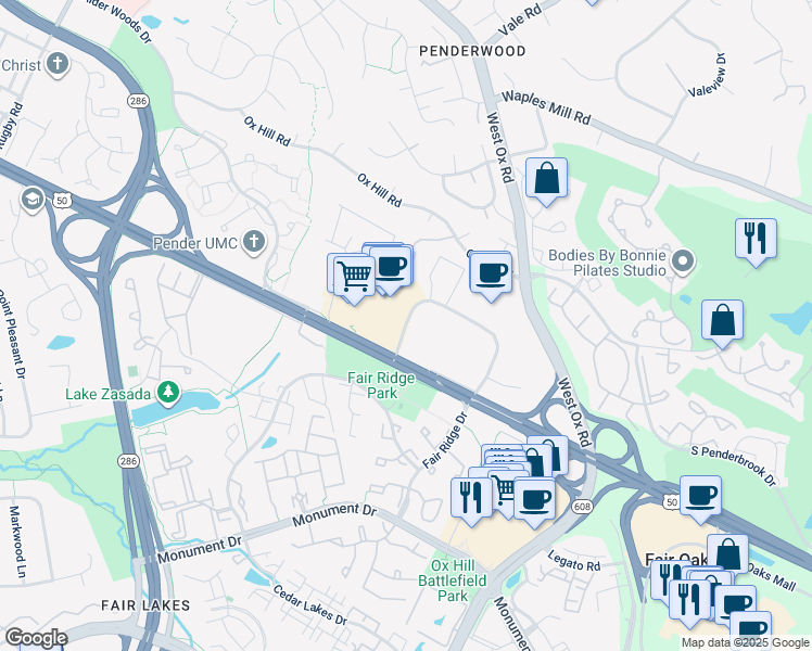 map of restaurants, bars, coffee shops, grocery stores, and more near 3907 Fair Ridge Dr in Fairfax