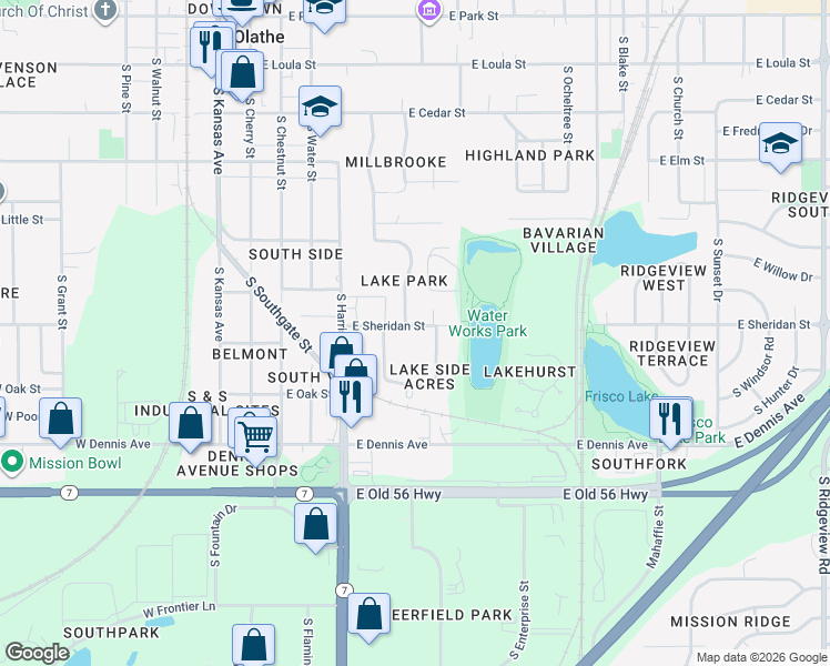 map of restaurants, bars, coffee shops, grocery stores, and more near 511 East Sheridan Street in Olathe