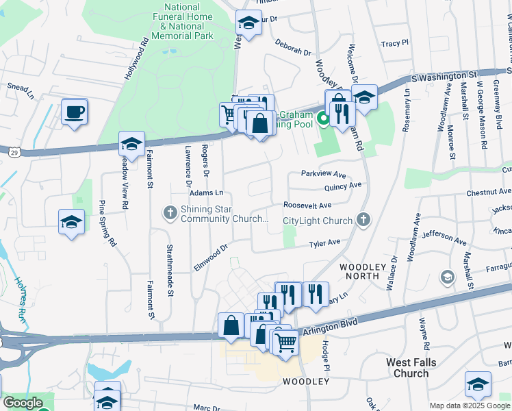 map of restaurants, bars, coffee shops, grocery stores, and more near 7308 Roosevelt Avenue in Falls Church