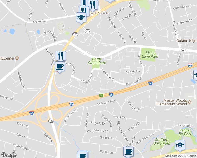 map of restaurants, bars, coffee shops, grocery stores, and more near 3178 Borge Street in Oakton