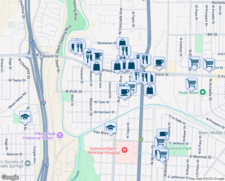 map of restaurants, bars, coffee shops, grocery stores, and more near 102 West Polk Street in Colorado Springs