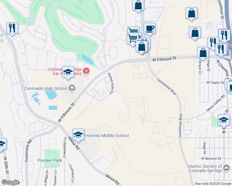 map of restaurants, bars, coffee shops, grocery stores, and more near Grand Vista Cir in Colorado Springs