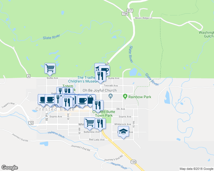 map of restaurants, bars, coffee shops, grocery stores, and more near 615 Teocalli Avenue in Crested Butte