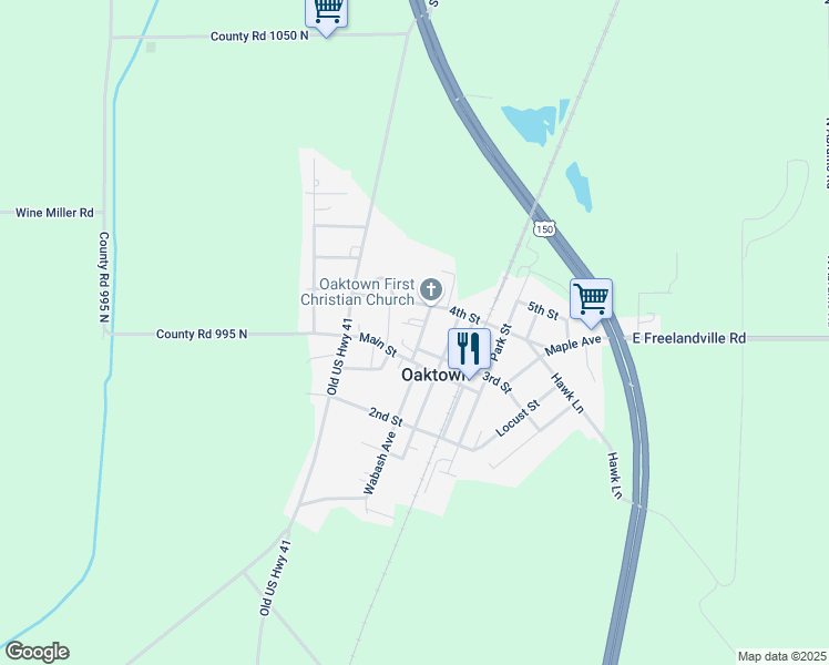 map of restaurants, bars, coffee shops, grocery stores, and more near 203 Main Street in Oaktown