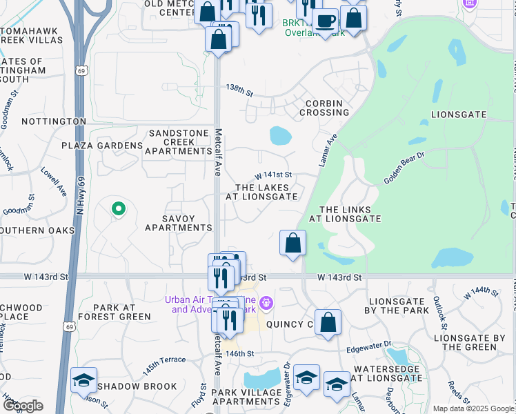 map of restaurants, bars, coffee shops, grocery stores, and more near 6718 West 141st Terrace in Overland Park