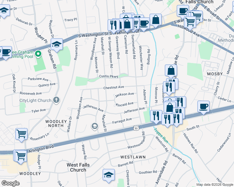map of restaurants, bars, coffee shops, grocery stores, and more near 6822 Jackson Avenue in Falls Church