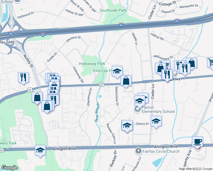 map of restaurants, bars, coffee shops, grocery stores, and more near 8915 U.S. 29 in Fairfax