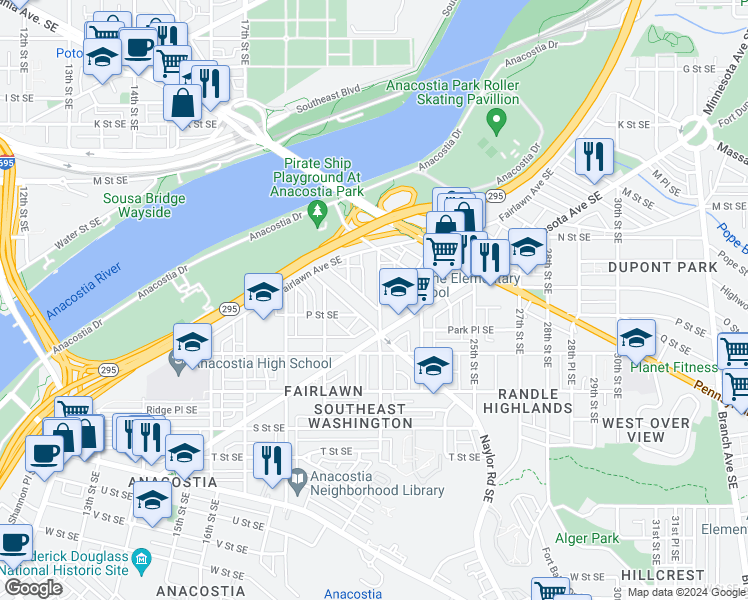 map of restaurants, bars, coffee shops, grocery stores, and more near 1447 22nd Street Southeast in Washington