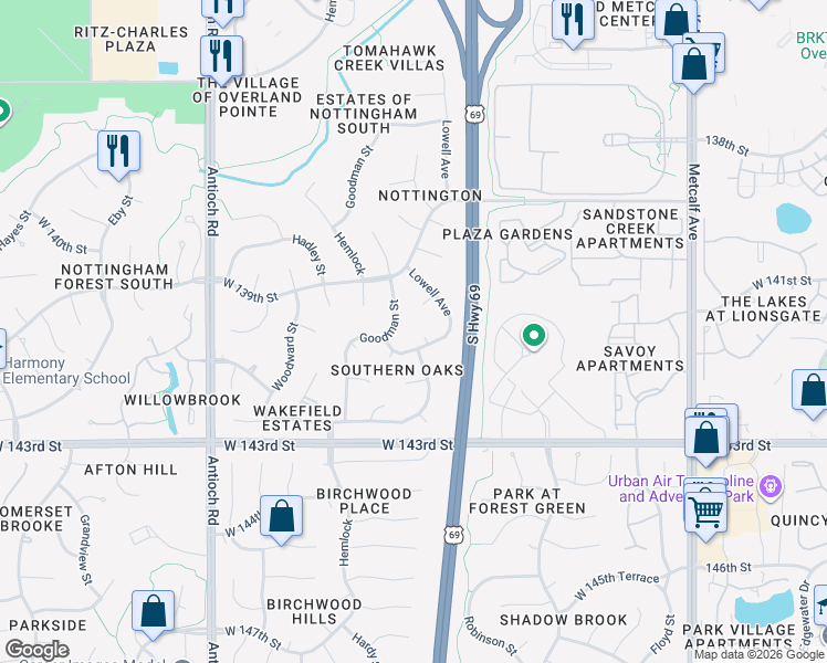 map of restaurants, bars, coffee shops, grocery stores, and more near 7916 West 140th Terrace in Overland Park