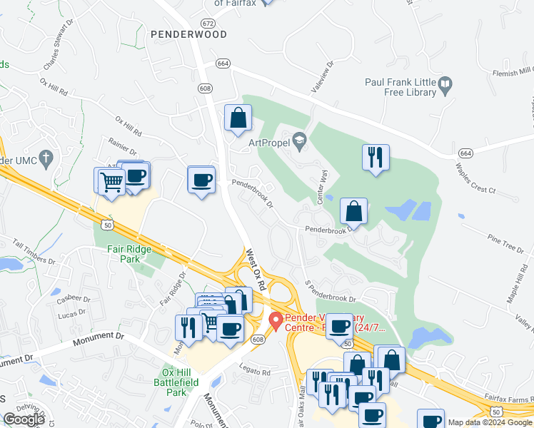map of restaurants, bars, coffee shops, grocery stores, and more near 12152 Penderview Terrace in Fairfax