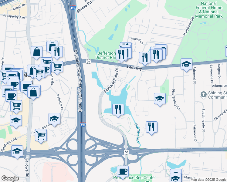 map of restaurants, bars, coffee shops, grocery stores, and more near 2936 Yarling Court in Falls Church