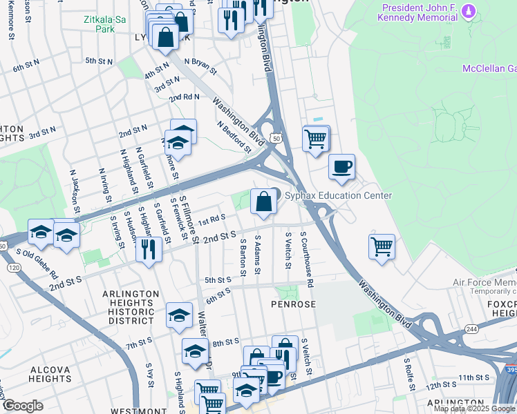 map of restaurants, bars, coffee shops, grocery stores, and more near 130 South Wise Street in Arlington