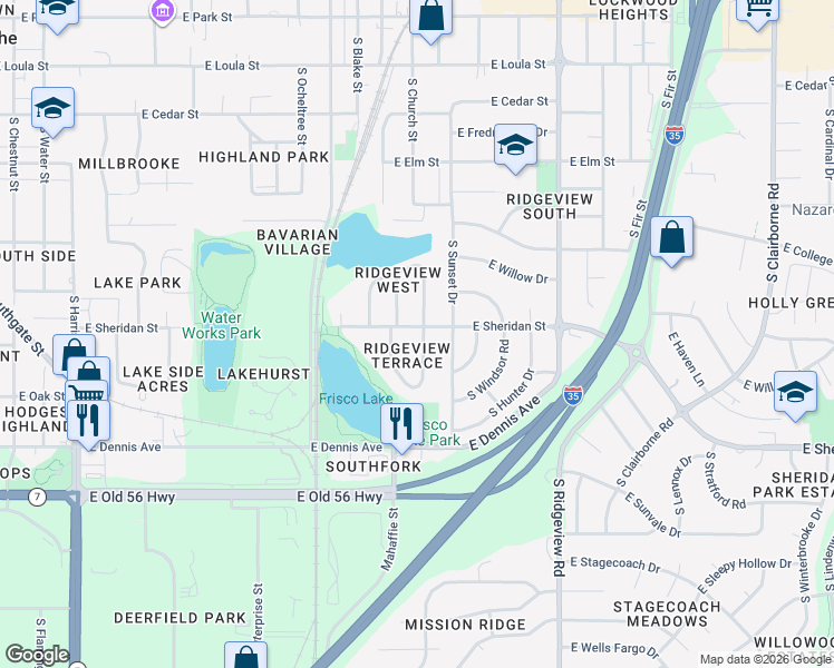 map of restaurants, bars, coffee shops, grocery stores, and more near 885 South Sheridan Circle in Olathe