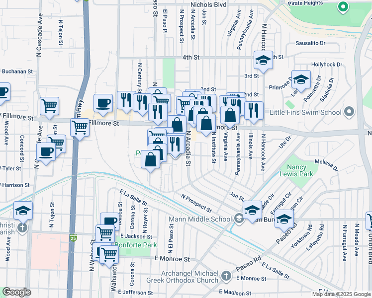 map of restaurants, bars, coffee shops, grocery stores, and more near 2907 North Arcadia Street in Colorado Springs