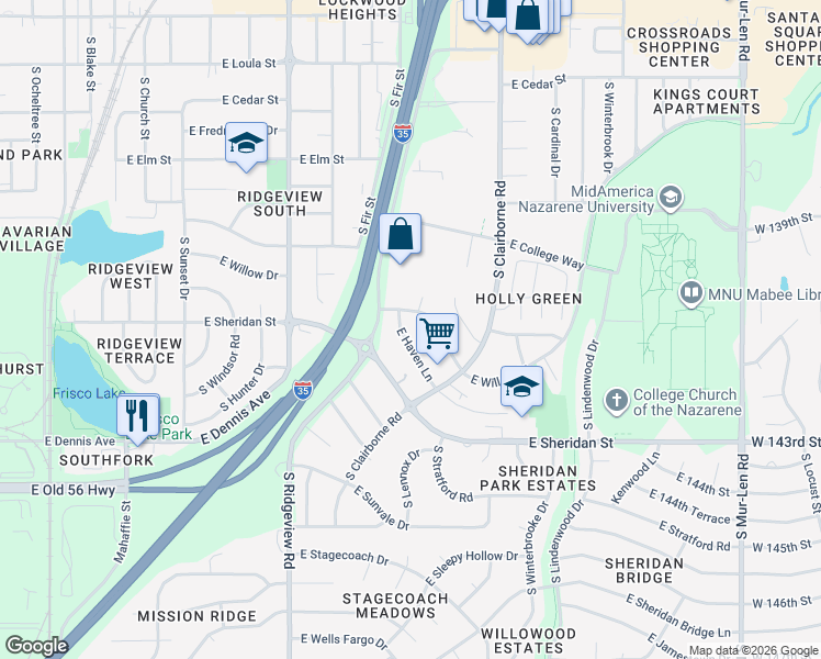 map of restaurants, bars, coffee shops, grocery stores, and more near 1414 East Haven Lane in Olathe