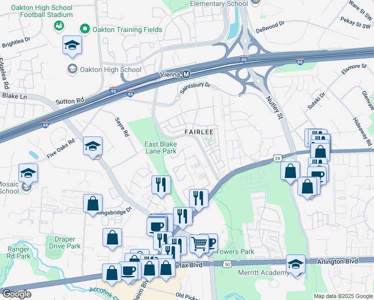 map of restaurants, bars, coffee shops, grocery stores, and more near 9499 Linden Leaf Court in Fairfax