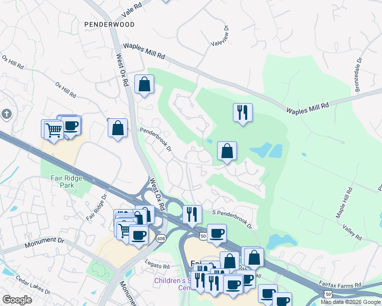 map of restaurants, bars, coffee shops, grocery stores, and more near 12011 Golf Ridge Court in Fairfax