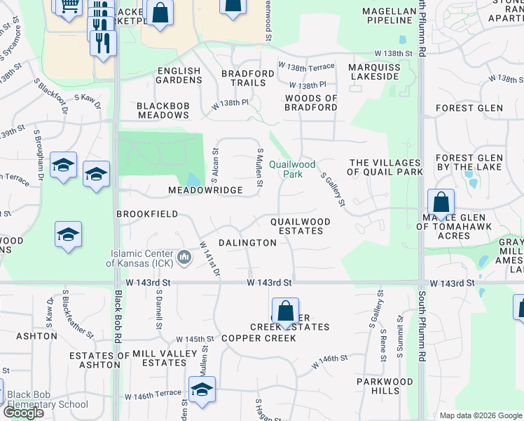 map of restaurants, bars, coffee shops, grocery stores, and more near 14308 West 141st Terrace in Olathe