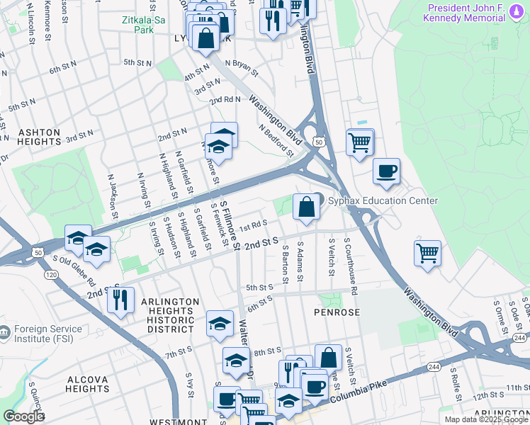 map of restaurants, bars, coffee shops, grocery stores, and more near 101 South Cleveland Street in Arlington