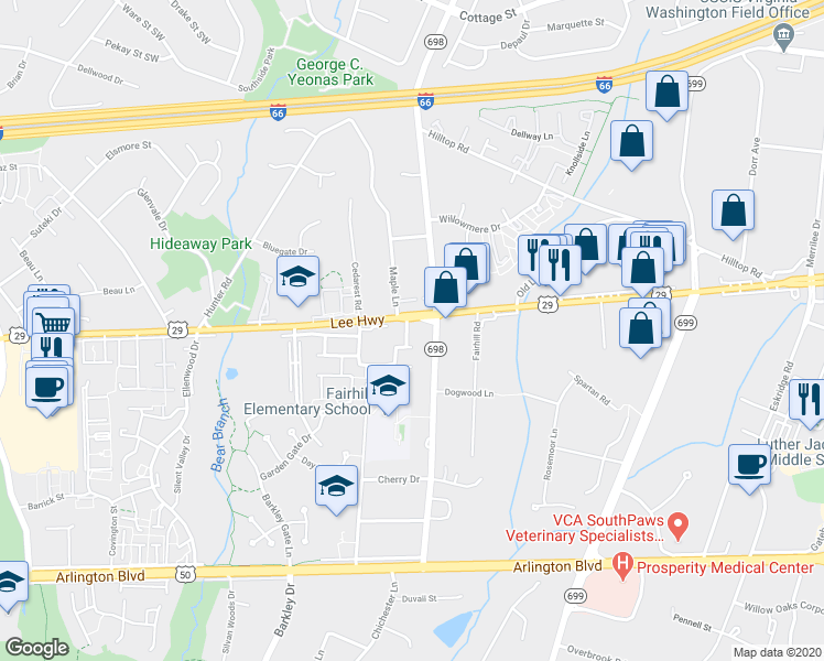 map of restaurants, bars, coffee shops, grocery stores, and more near 2974 Nipper Way in Fairfax