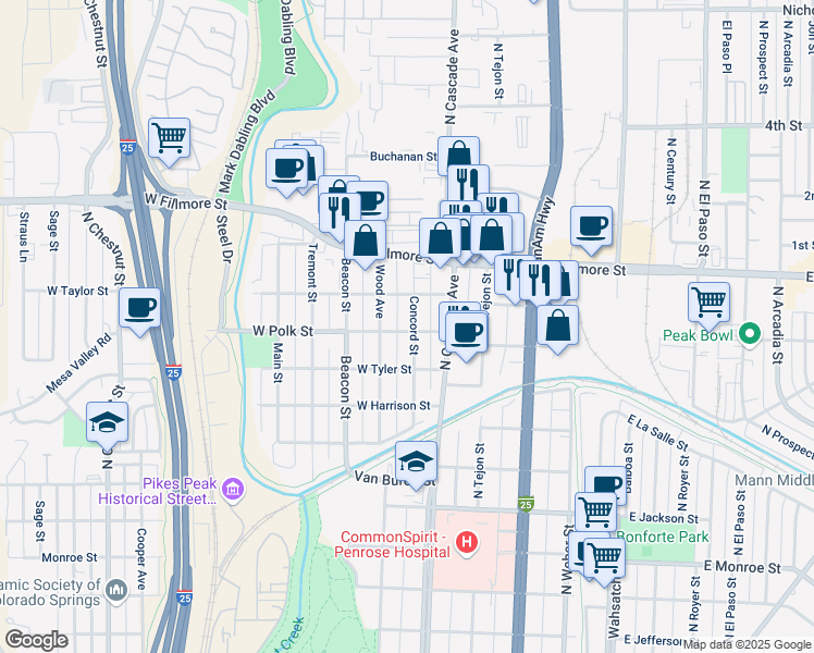 map of restaurants, bars, coffee shops, grocery stores, and more near 102 West Polk Street in Colorado Springs
