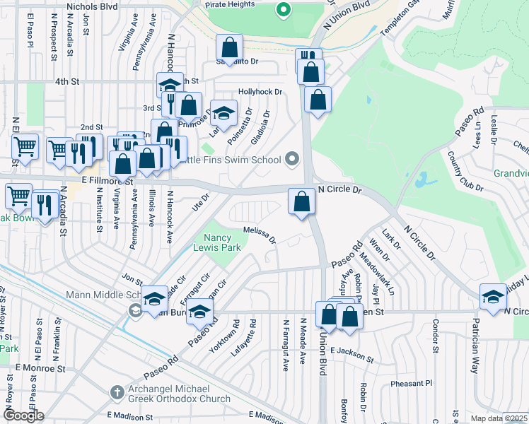 map of restaurants, bars, coffee shops, grocery stores, and more near 2814 Pioneer Meadows Point in Colorado Springs