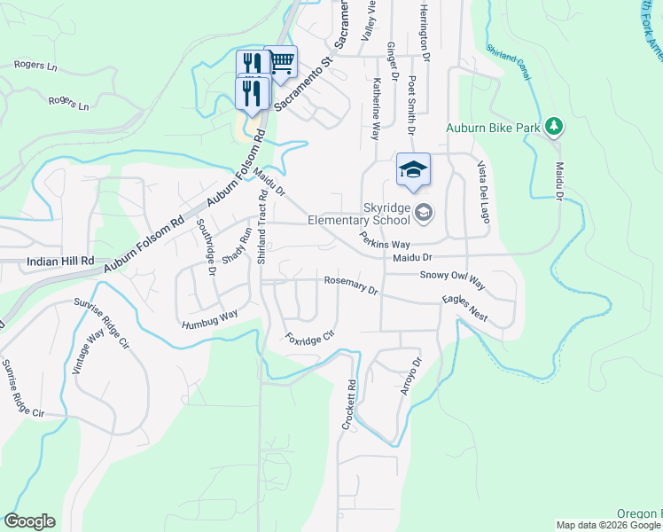 map of restaurants, bars, coffee shops, grocery stores, and more near 1725 Foxridge Circle in Auburn