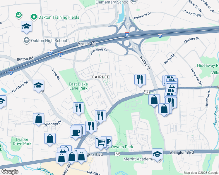 map of restaurants, bars, coffee shops, grocery stores, and more near 9612 Stockwell Lane in Fairfax