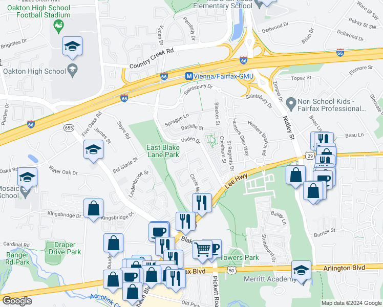 map of restaurants, bars, coffee shops, grocery stores, and more near 9491 Linden Leaf Court in Fairfax
