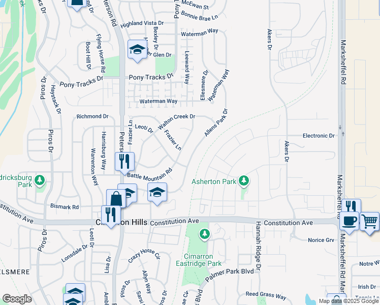map of restaurants, bars, coffee shops, grocery stores, and more near 7150 Allens Park Drive in Colorado Springs