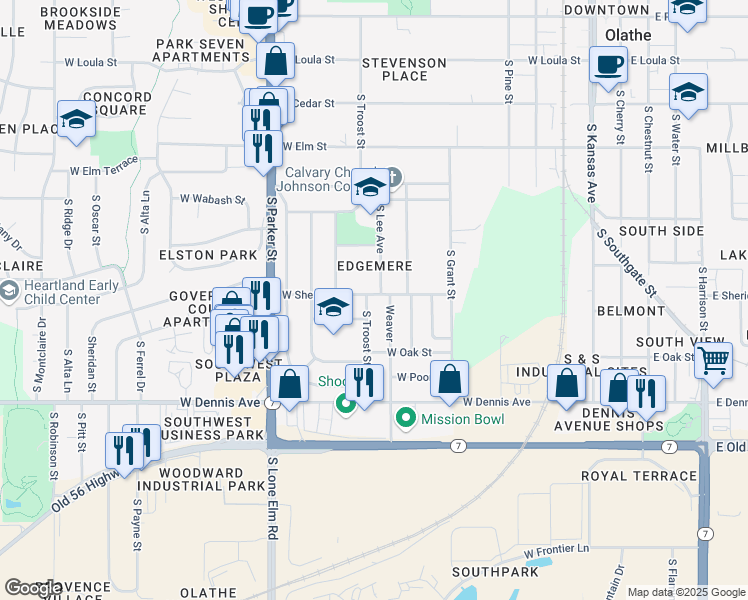map of restaurants, bars, coffee shops, grocery stores, and more near 800 S Troost St in Olathe