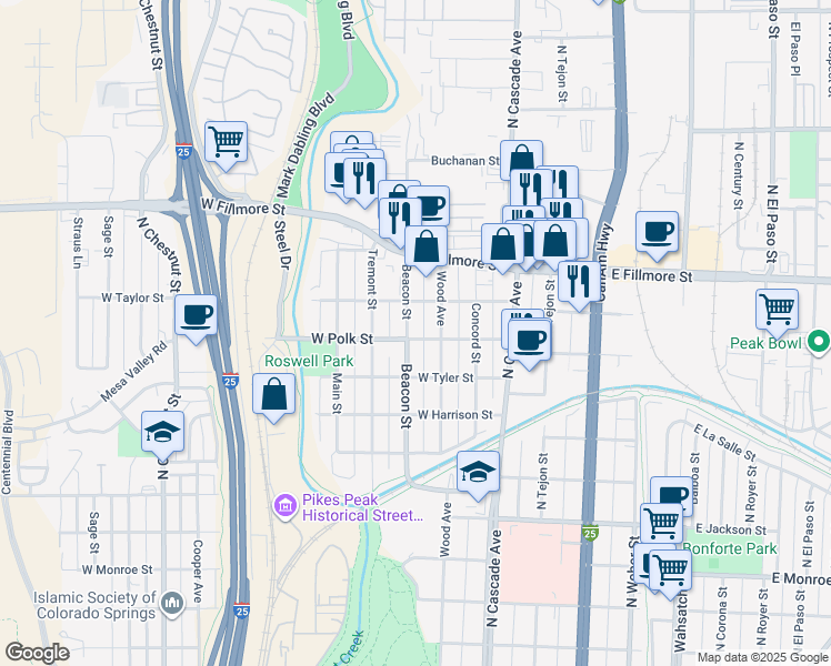 map of restaurants, bars, coffee shops, grocery stores, and more near 222 West Polk Street in Colorado Springs