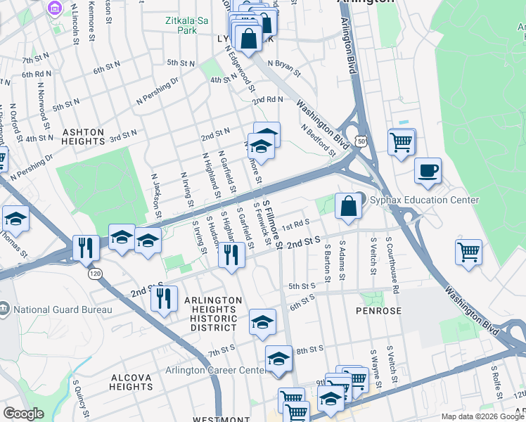map of restaurants, bars, coffee shops, grocery stores, and more near 17 South Fenwick Street in Arlington