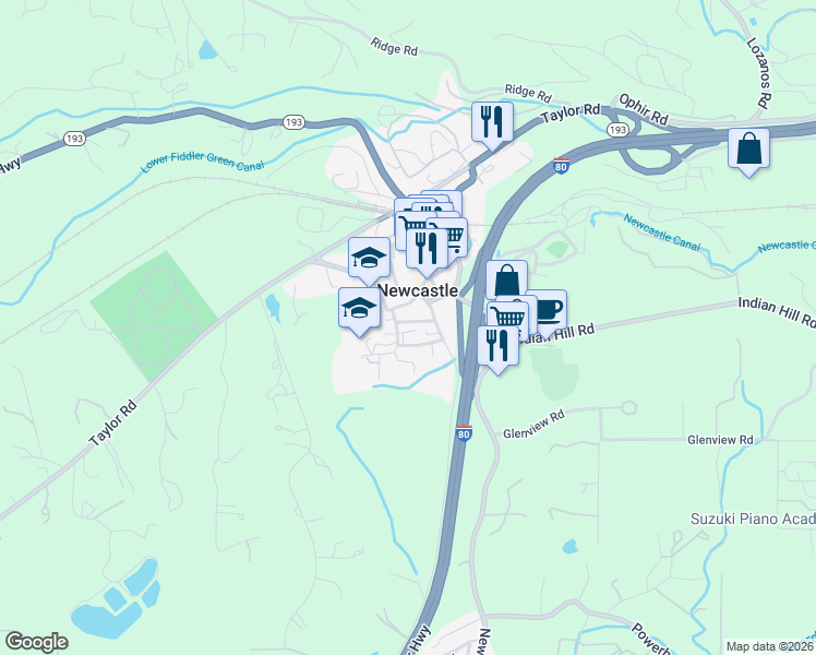 map of restaurants, bars, coffee shops, grocery stores, and more near 565 Peach Lane in Newcastle