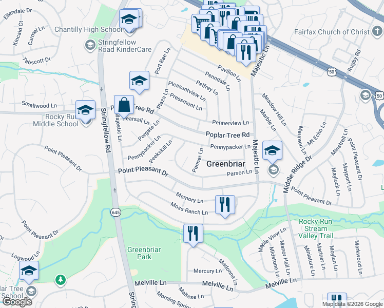 map of restaurants, bars, coffee shops, grocery stores, and more near 4211 Peakview Court in Fairfax